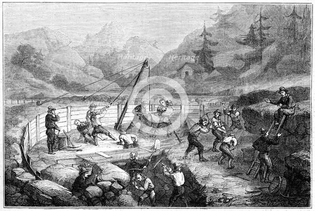 'Excavating and washing of sands at the bottom of a river', California, 19th century.Artist: Gustave Adolphe Chassevent-Bacques