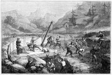 Excavating and washing of sands at the bottom of a river California, 19th century.Artist: Gustave Adolphe Chassevent-Bacques