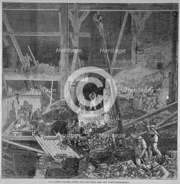 Excavation work for the north pier and tidal dam at Blackfriars Bridge, London, 1864. Artist: Anon