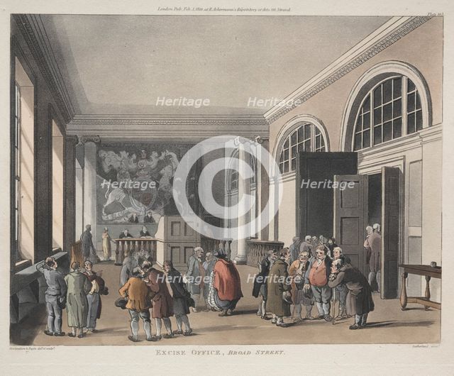 Excise Office, Broad Street, 1810. Creator: Thomas Rowlandson (British, 1756-1827); Augustus Charles Pugin (British, 1762-1832), and.
