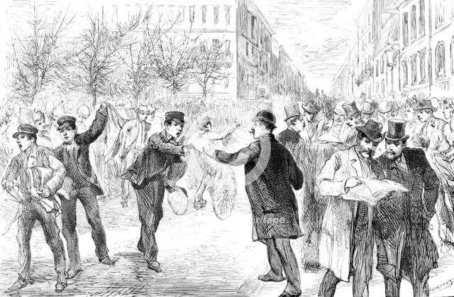 Excitement in the streets of Berlin at the news of Prince Bismarck’s resignation, 1890. Creator: P Naumann.