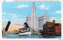 Excursion Boat Passing Boulevard Bridge, Wrigley Building on Right, Chicago postcard, c1924