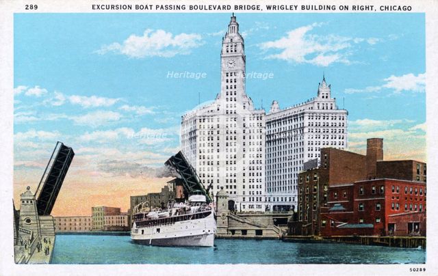 'Excursion Boat Passing Boulevard Bridge, Wrigley Building on Right, Chicago', postcard, c1924. Artist: Unknown