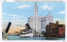Excursion Boat Passing Boulevard Bridge, Wrigley Building on Right, Chicago postcard, c1924