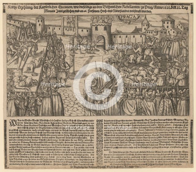 Execution of 27 Protestant Leaders on the Old Town Square in Prague on June 21, 1621, 1621.