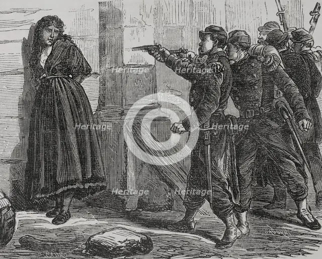 Execution of a pétroleuse by Versailles troops, Paris Commune, France, 1871. Creator: Celestino Sadurni.