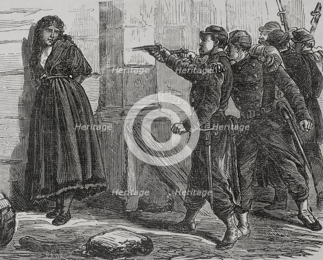 Execution of a pétroleuse by Versailles troops, Paris Commune, France, 1871. Creator: Celestino Sadurni.