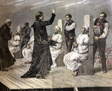 Execution of anarchists to garotte in Jerez de la Frontera, 1892, color etching