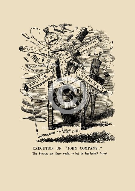 Execution of "John Company". The Blowing up (there ought to be) in Leadenhall Street. Cartoon... Creator: Anon.