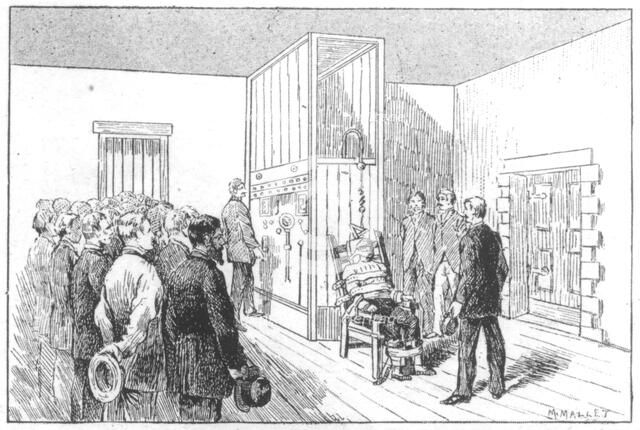 Execution of Kemmler, the first man to die in the electric chair, USA, 6 August 1890. Artist: Unknown