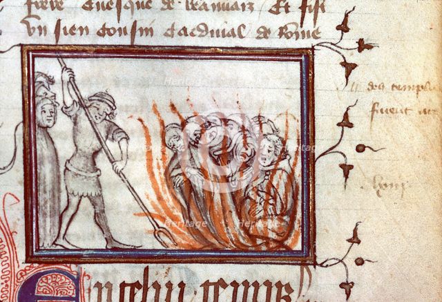 Execution of the Templars. From Fleurs des chroniques by Bernardus Guidonis, after 1384. Creator: Anonymous.