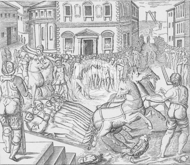 Execution of three Carthusian martyrs, Tyburn, London, 1535 (1904). Artist: Nicolas Beatrizet.