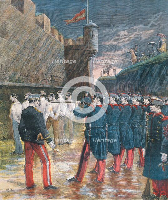 Execution by firing squad in the moats of the Castle of Montjuic, six anarchists participants in …