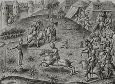 Exercise of quintain, mid 15th century, (1877). Creator: Unknown