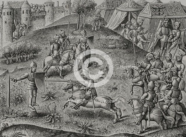 Exercise of quintain, mid 15th century, (1877). Creator: Unknown.