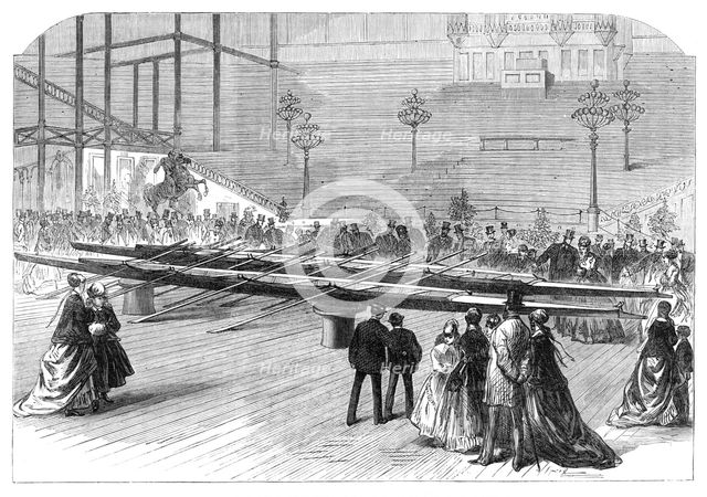 Exhibition of the Oxford and Cambridge boats at the Crystal Palace, 1869. Creator: Unknown.