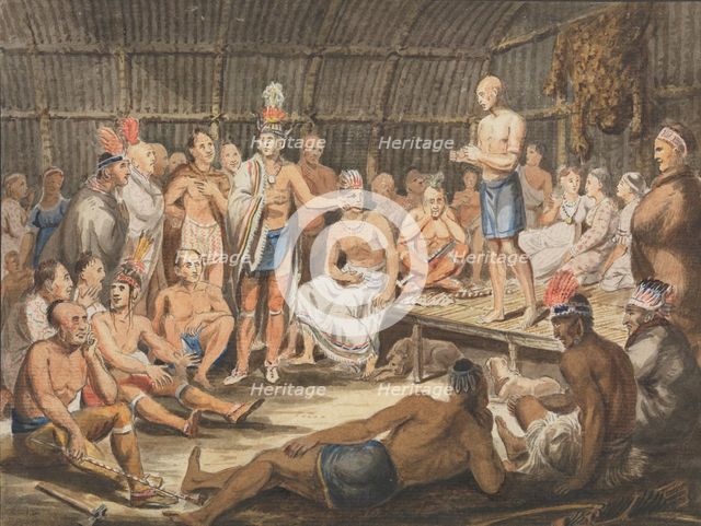 Exhibition of Indian Tribal Ceremonies at the Olympic Theater, Philadelphia, 1811-ca. 1813. Creator: Attributed to John Lewis Krimmel (1786-1821).