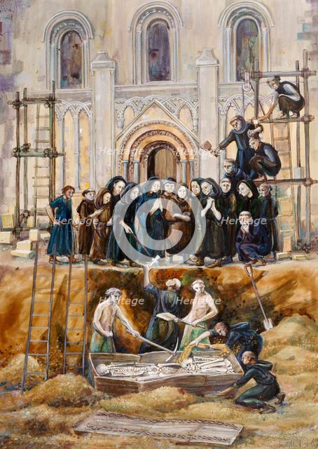Exhumation of Arthur and Guinivere at Glastonbury Abbey, Somerset, 1193 (2010). Artist: Judith Dobie.