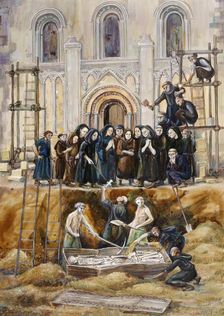 Exhumation of Arthur and Guinivere at Glastonbury Abbey, Somerset, 1193 (2010). Artist: Judith Dobie