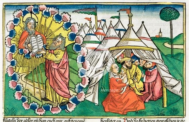 Exodus 20:1-5: Moses receiving the Ten Commandments. Creator: Unknown.