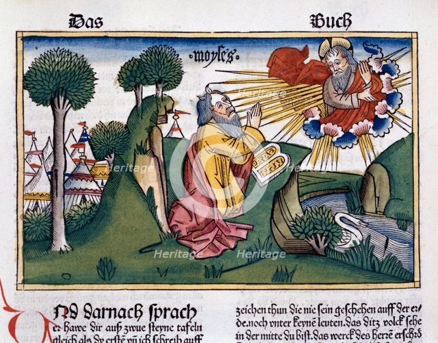 Exodus 34:1-10: Moses receives the second tablets with the Ten Commandments. Creator: Unknown.