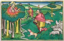 Exodus 3:1-22 and 4:1-4: the burning bush amd God arming Moses with the miraculous rod. Creator: Unknown