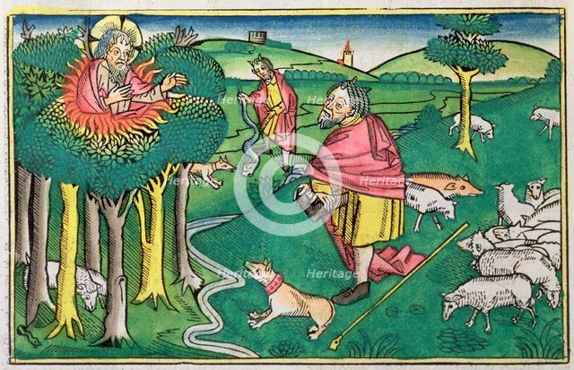 Exodus 3:1-22 and 4:1-4: the burning bush amd God arming Moses with the miraculous rod. Creator: Unknown.