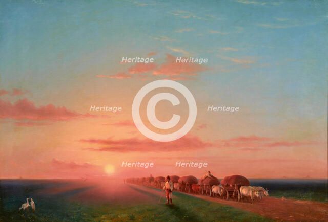Expansive Landscape with the Ox-carts, 1858. Creator: Aivazovsky, Ivan Konstantinovich (1817-1900).