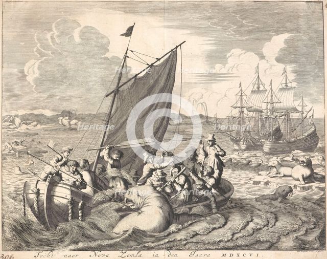 Expedition to Novaya Zemlya; Walrus hunt in Magdalenefjorden (Norway), 1680. Creator: Jan Luyken.