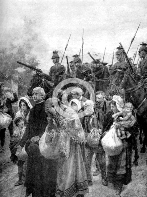 'Expelling the civil residents of Louvain, Brussels', 1914. Artist: Unknown