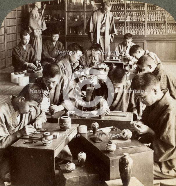 Expert workmen creating designs in cloisonne, Kyoto, Japan, 1904. Artist: Underwood & Underwood