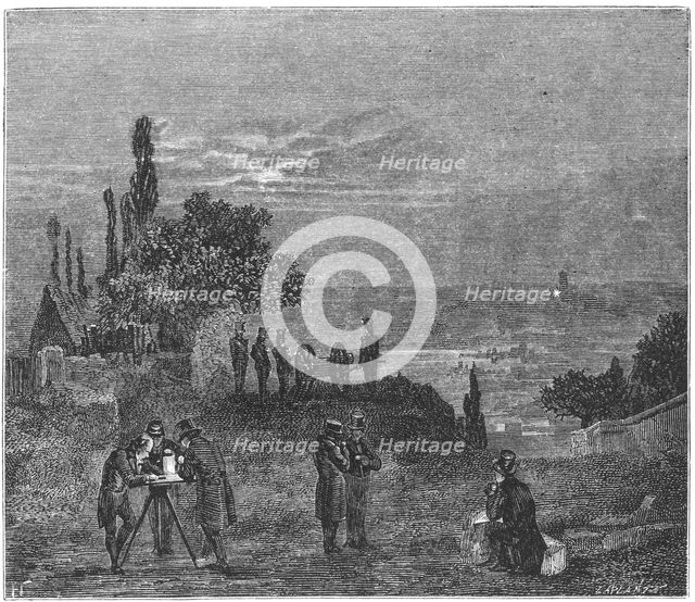 Experiment to calculate the speed of sound in air, Paris, 1822 (1873). Creator: Amedee Guillemin.
