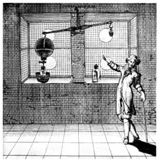 Experiment designed to show that air has weight, 1672. Creator: Unknown