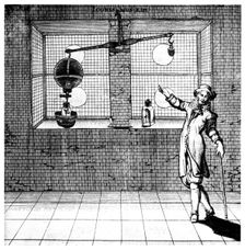 Experiment designed to show that air has weight, 1672. Creator: Unknown