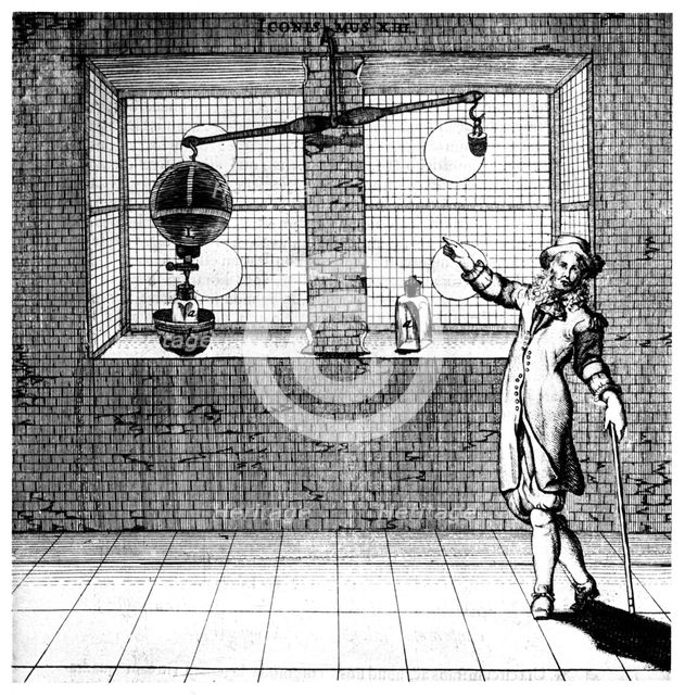 Experiment designed to show that air has weight, 1672. Creator: Unknown.