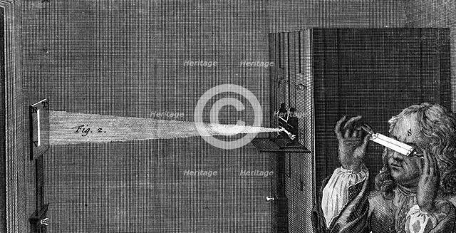 Experiment showing that prismatic colours cannot be split further, 1747. Artist: Unknown