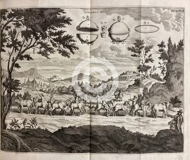 Experimenta nova. Overcoming the “horror vacui” with the “Magdeburg Hemispheres”, 1672. Creator: Guericke, Otto von (1602-1684).