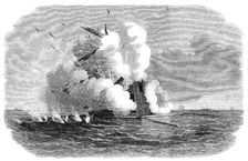 Experiments with the Armstrong 600-pounder against the Warrior floating target, 1864. Creator: Unknown