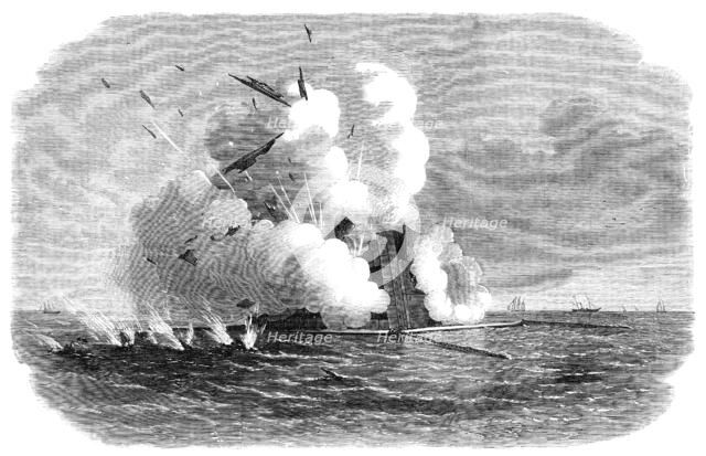 Experiments with the Armstrong 600-pounder against the Warrior floating target, 1864. Creator: Unknown.