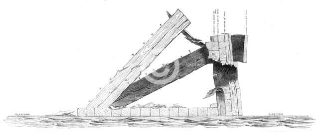 Experiments with the Armstrong 600-pounder against the Warrior floating target, 1864. Creator: Unknown.