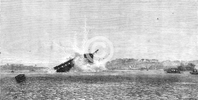 Experiments with torpedo-shells at Chatham: blowing-up of the Terpsichore by a 75-pounder, 1865. Creator: Unknown.