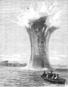 Experiments with torpedo-shells at Chatham: explosion of a 440-pounder, 1865. Creator: Unknown