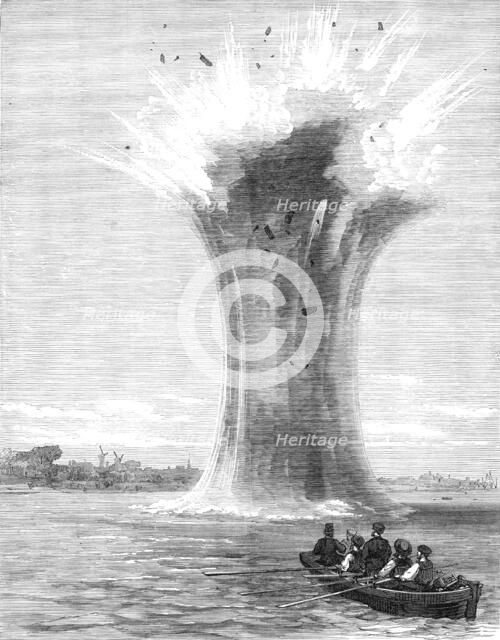 Experiments with torpedo-shells at Chatham: explosion of a 440-pounder, 1865. Creator: Unknown.