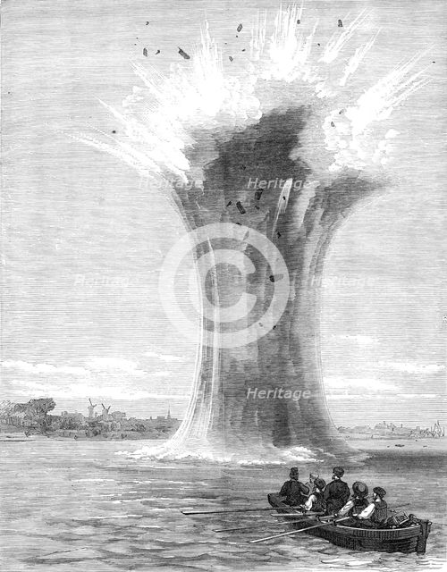 Experiments with torpedo-shells at Chatham: explosion of a 440-pounder, 1865. Creator: Unknown.