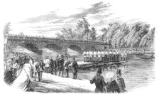 Experiments with Captain Fowke's pontoon bridge on the Serpentine, 1860. Creator: Unknown