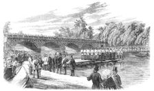 Experiments with Captain Fowke's pontoon bridge on the Serpentine, 1860. Creator: Unknown