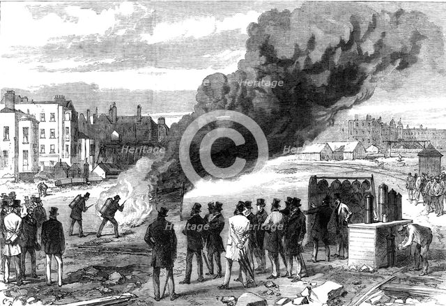 Experiments with l’Extincteur on the Thames Embankment before the Prince of Wales, 1868. Creator: C. R..