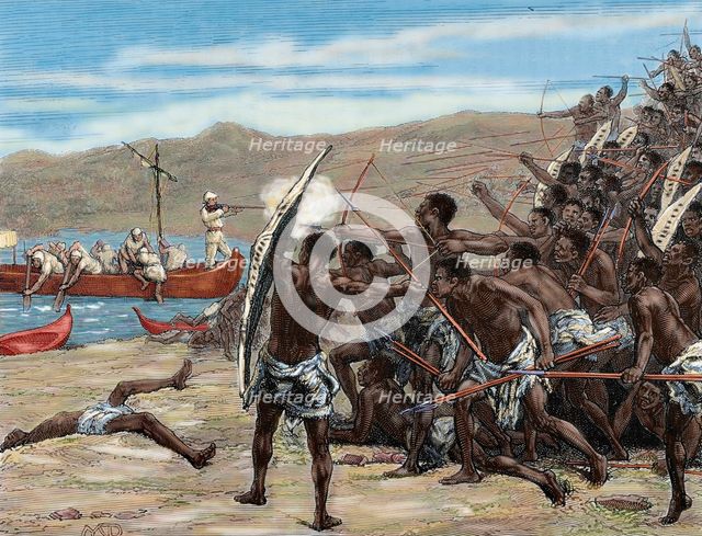 Explorers confronting natives of Bumbireh Island, Africa, 1870s, (1880).  Creator: Laplante.
