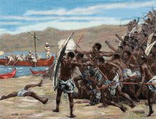 Explorers confronting natives of Bumbireh Island, Africa, 1870s, (1880). Creator: Laplante