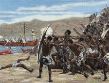 Explorers confronting natives of Bumbireh Island, Africa, 1870s, (1880). Creator: Laplante